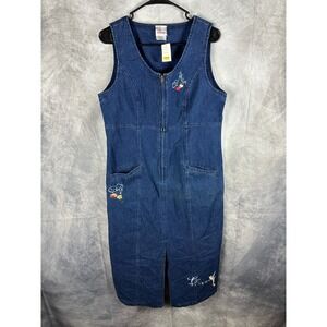 Disney Store Vintage Denim Jumper Dress Tinker Bell Embroidered Zip Front Medium